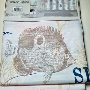 Sea Life Fish Fabric Shower Curtain Starfish Crabs Ocean Kelp Plants Tan Blue